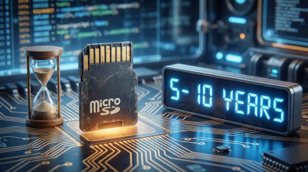 A micro SD card and an hourglass are placed on a glowing circuit board next to a digital clock display showing "5-10 YEARS". The background features blurred code on a screen.